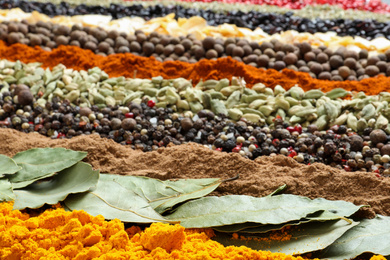 Set of different spices as background, closeup