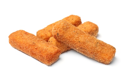 Pile of tasty cheese sticks isolated on white