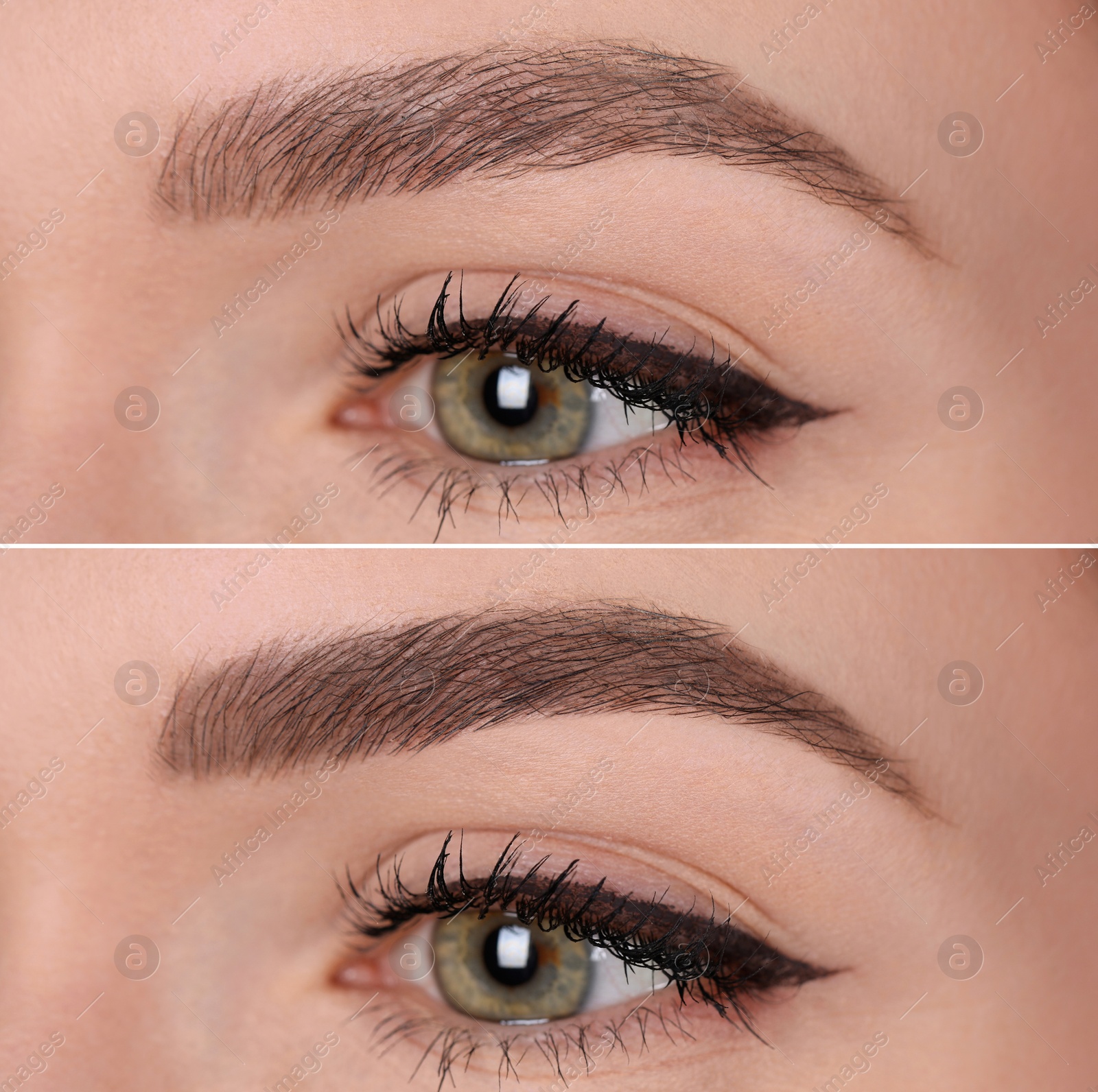 Image of Collage with photos of young woman before and after permanent makeup procedure, closeup