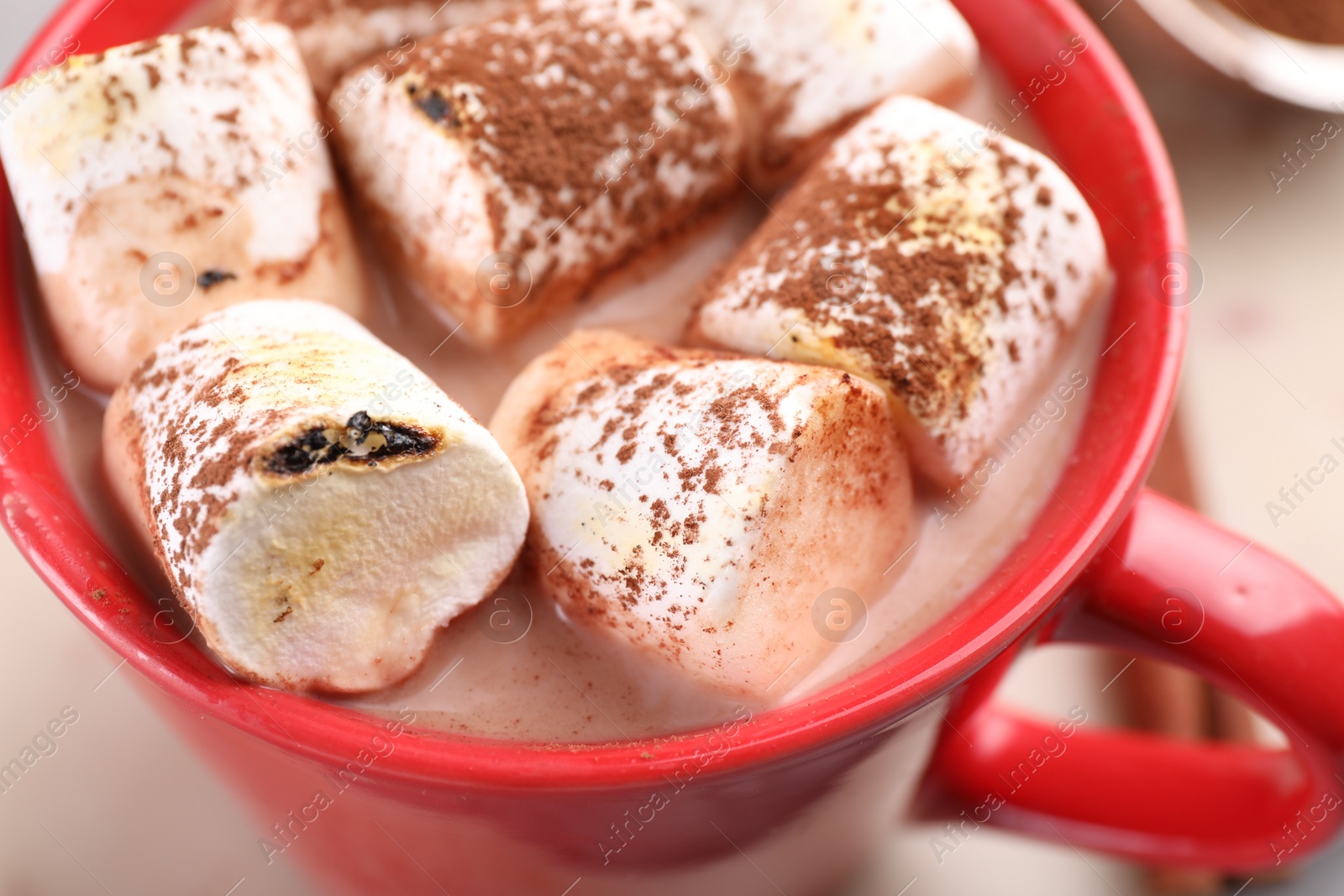 Photo of Cup of aromatic hot chocolate with marshmallows and cocoa powder, closeup