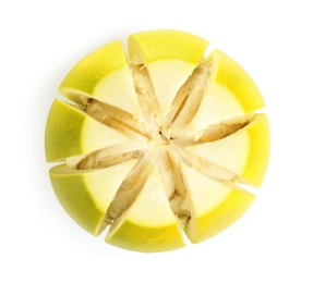 Photo of Fresh exotic pomelo with cut peel isolated on white, top view