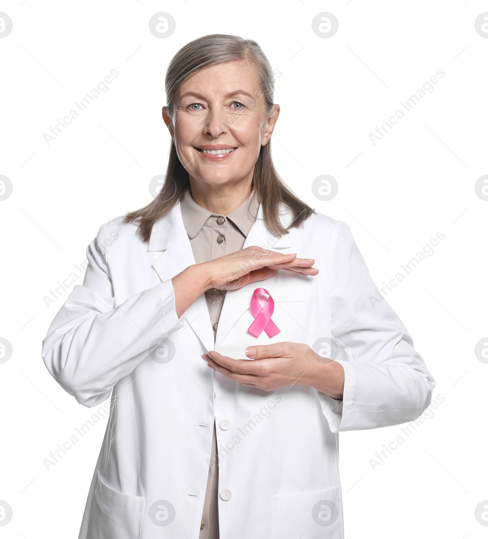 Photo of Mammologist with pink ribbon on white background. Breast cancer awareness