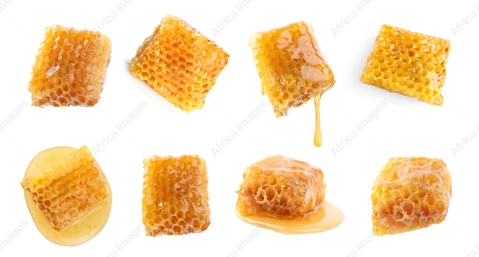 Image of Set with fresh delicious honeycombs on white background. Banner design