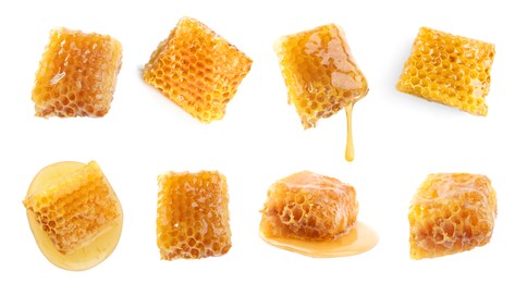 Image of Set with fresh delicious honeycombs on white background. Banner design