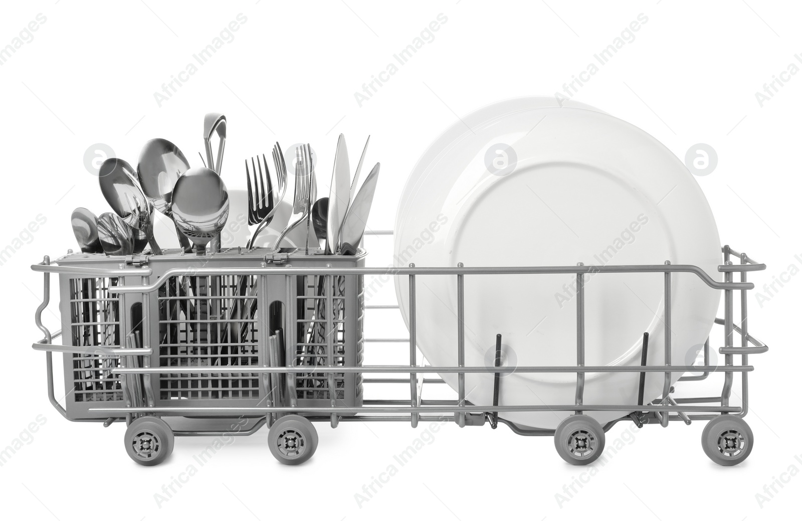 Photo of Rack with clean dishes and utensils on white background