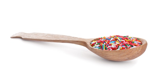 Photo of Colorful sprinkles in wooden spoon on white background. Confectionery decor