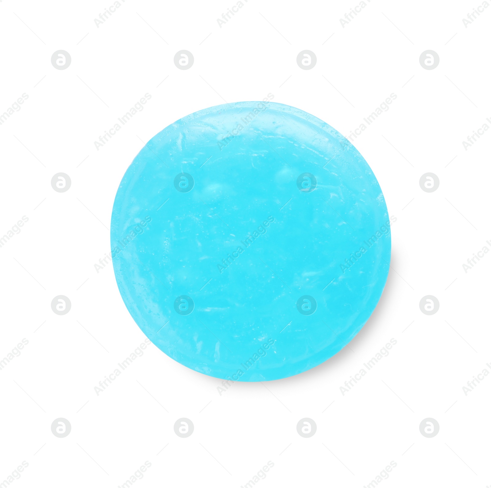 Photo of One light blue cough drop isolated on white, top view
