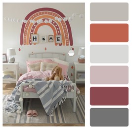 Color palette and photo of stylish child's room interior. Collage