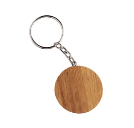 Wooden keychain isolated on white, top view