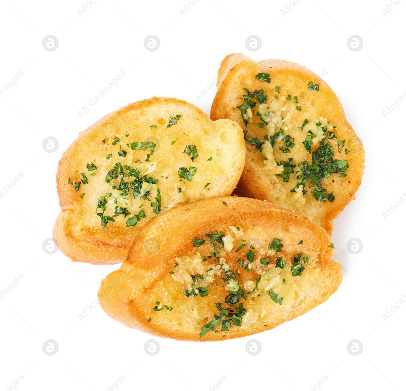 Photo of Slices of tasty garlic bread with herbs isolated on white