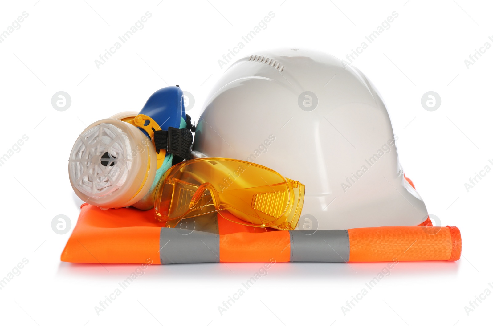 Photo of Protective workwear on white background. Safety equipment