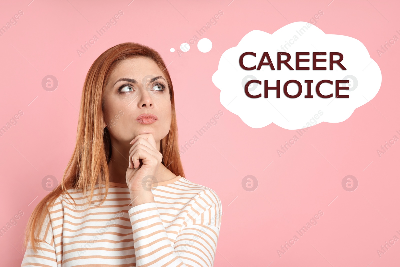 Image of Woman thinking about career choice on pink background