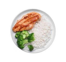 Photo of Plate with grilled chicken breast, rice and broccoli isolated on white, top view