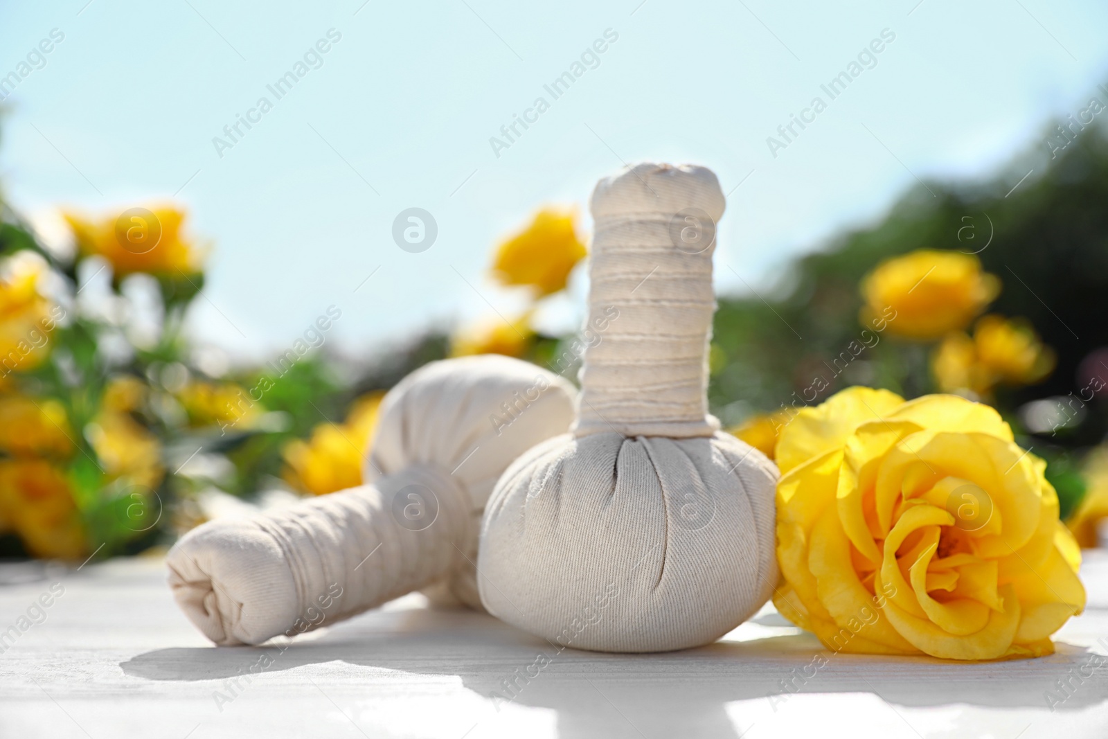 Photo of Spa massage herbal bags with yellow rose on white table in blooming garden. Harmony and zen