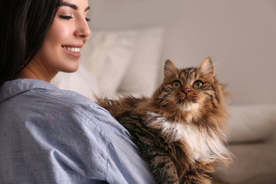 Photo of Woman with her cute cat at home, closeup. Fluffy pet