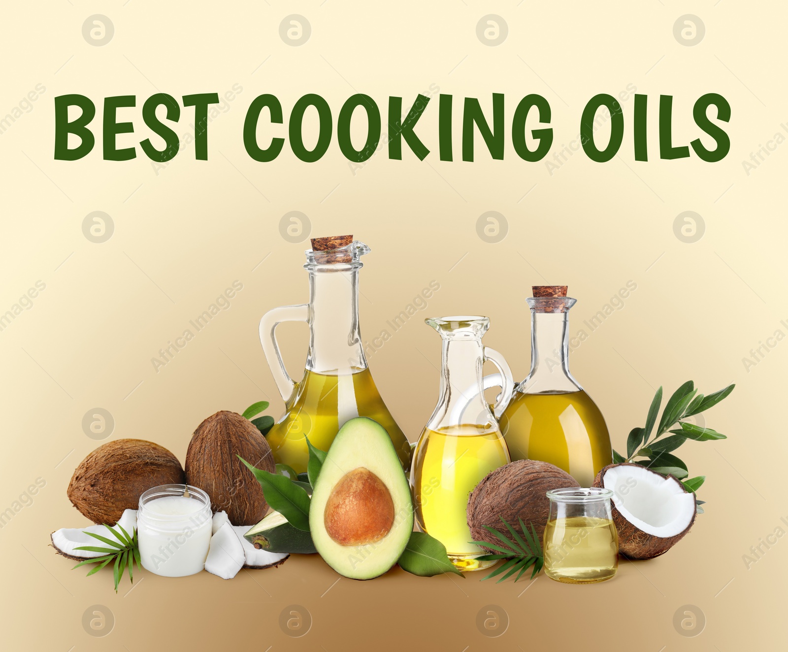 Image of Best for cooking. Different oils and ingredients on beige background