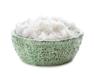 Photo of Fresh coconut flakes in bowl on white background