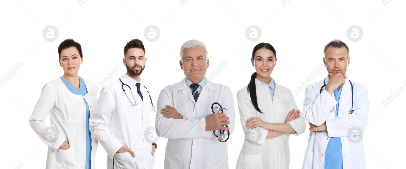 Image of Collage with photos of doctors on white background. Banner design