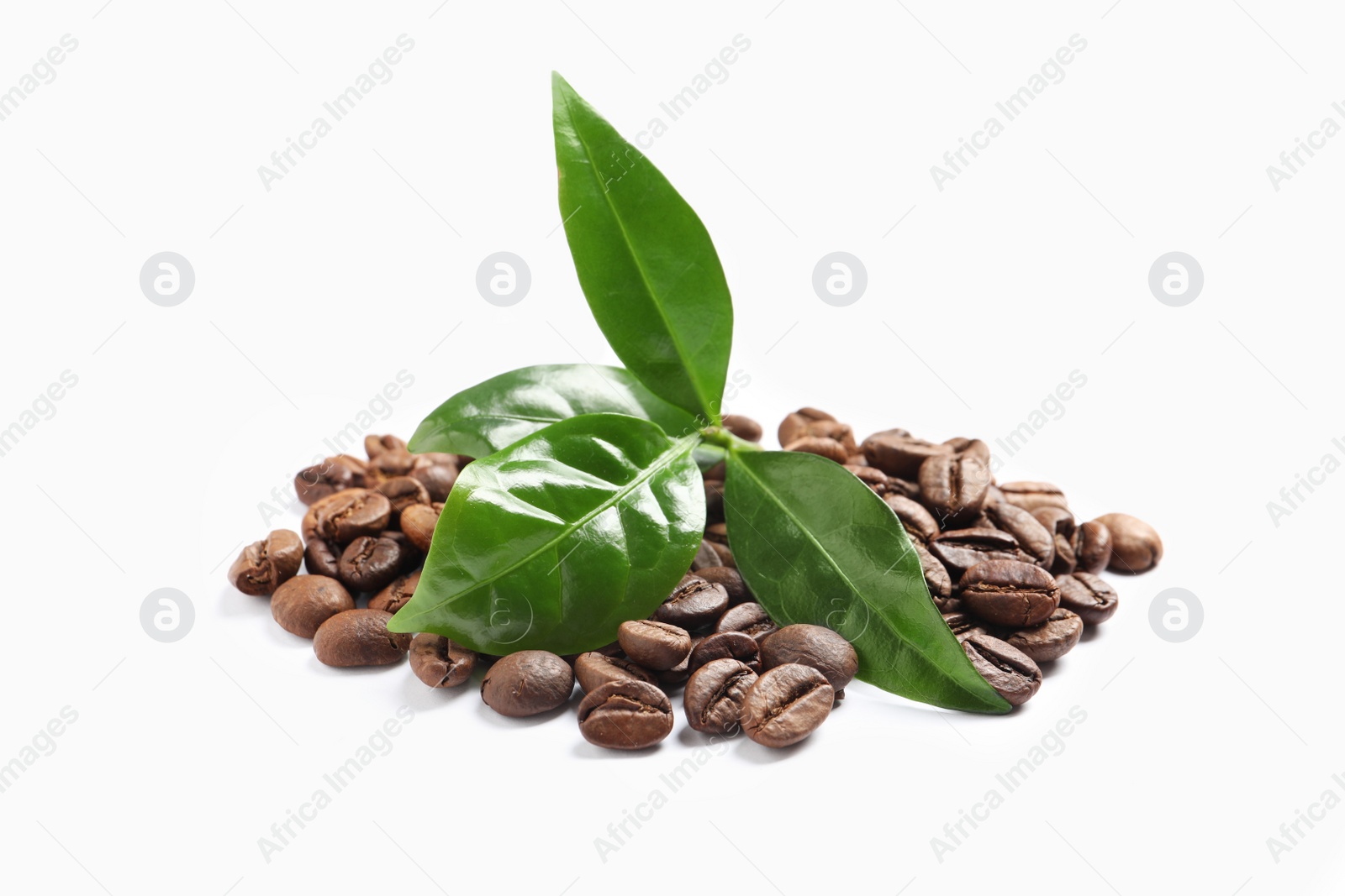 Photo of Fresh green leaves and pile of coffee beans isolated on white