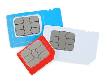 Photo of Different SIM cards on white background, top view