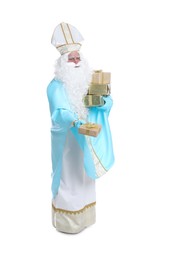 Full length portrait of Saint Nicholas with presents on white background