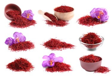 Image of Dried saffron and crocus flowers on white background, collage