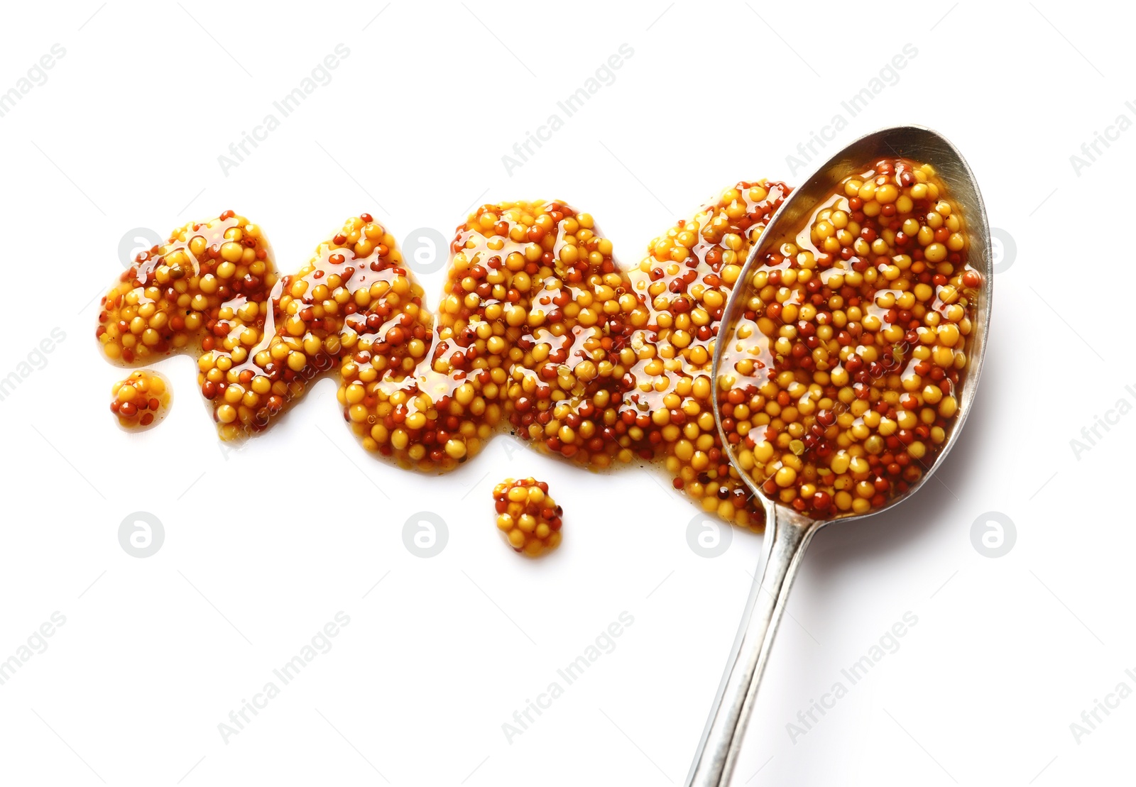 Photo of Delicious mustard beans and spoon on white background, top view. Spicy sauce