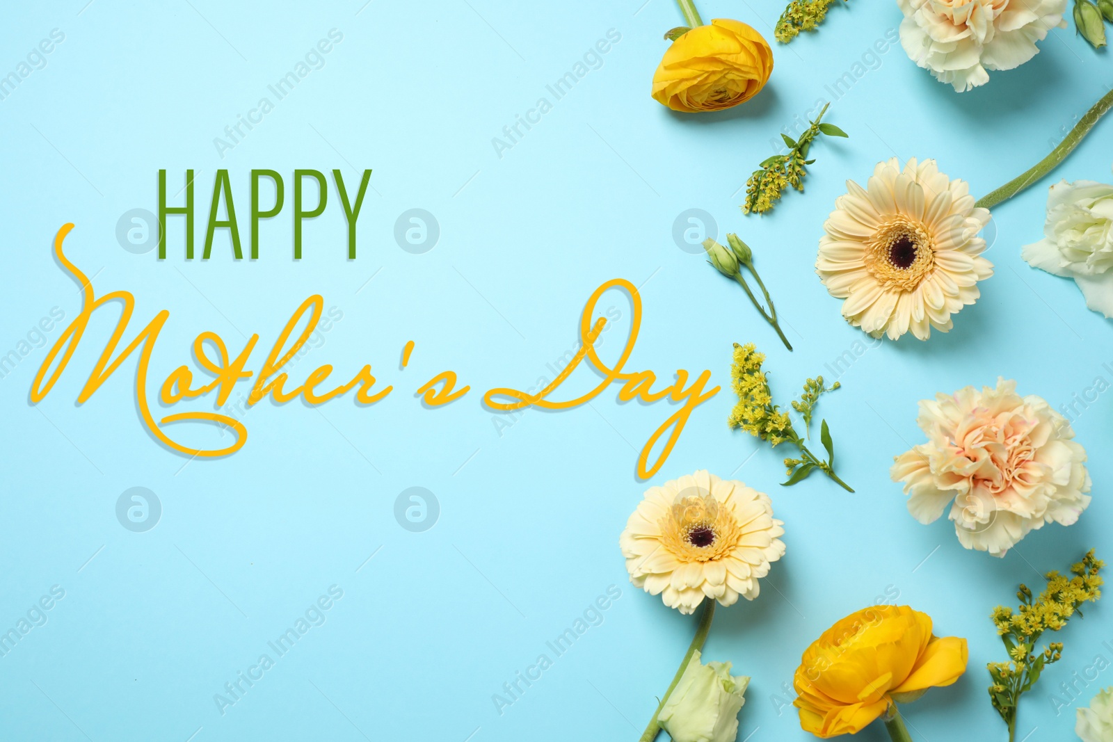 Image of Happy Mother's Day. Beautiful flowers on light blue background, flat lay