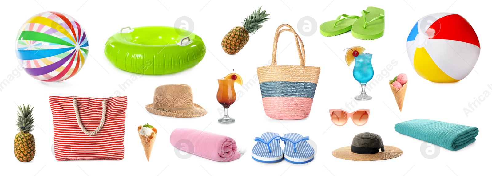 Image of Set of items needed in summer vacation on white background. Banner design