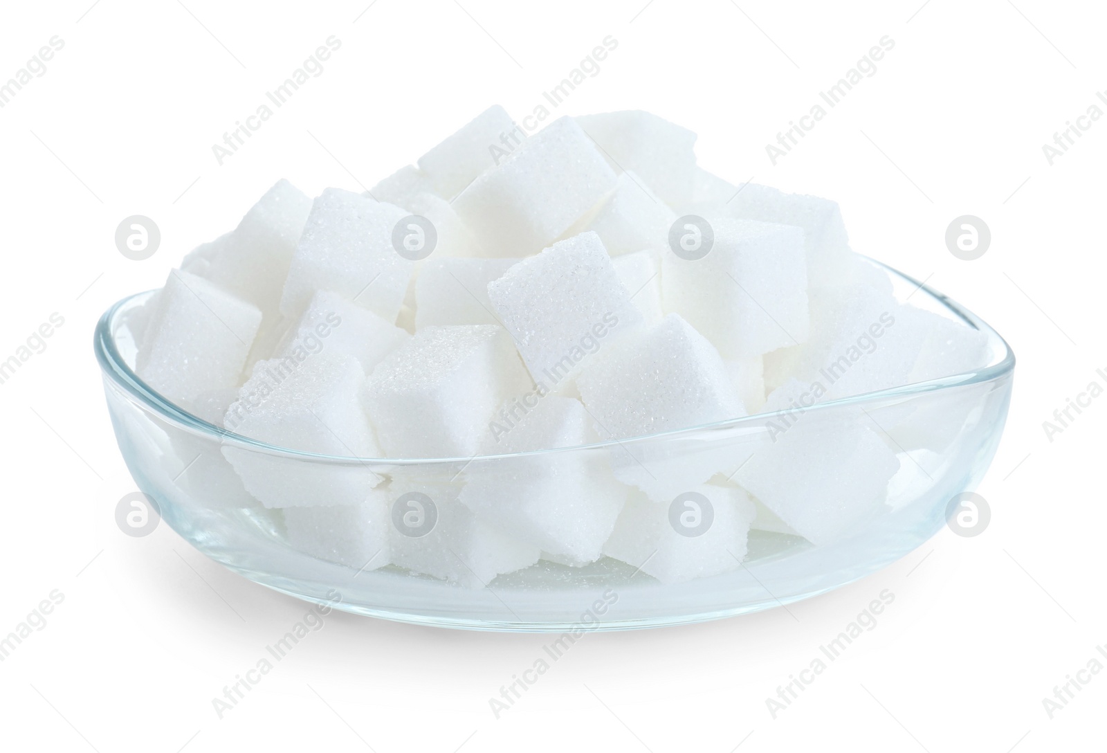 Photo of Sugar cubes in bowl isolated on white