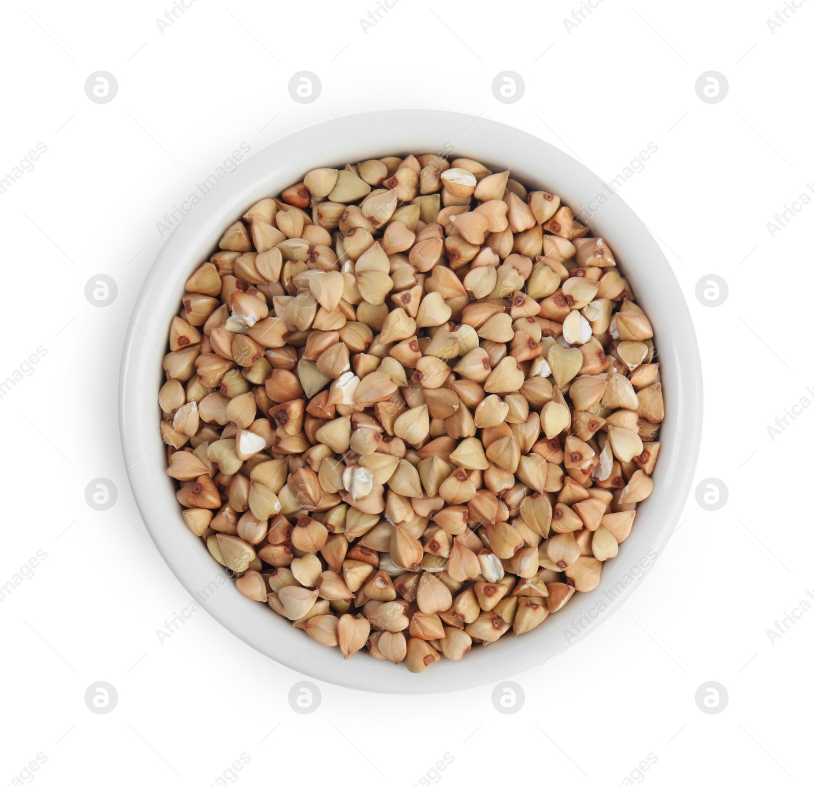 Photo of Green buckwheat in bowl isolated on white, top view