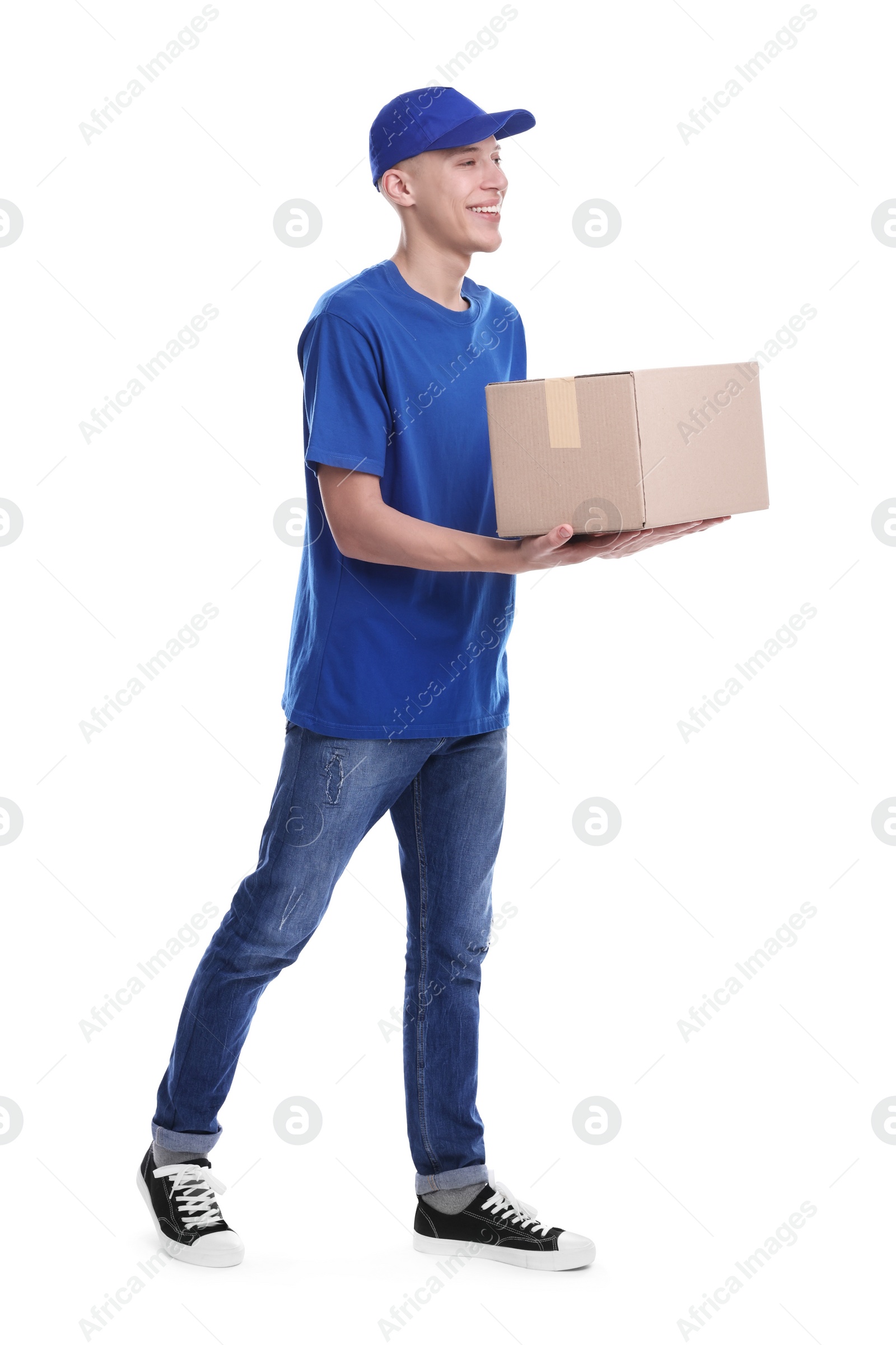 Photo of Happy courier with parcel on white background