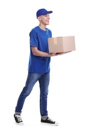 Photo of Happy courier with parcel on white background