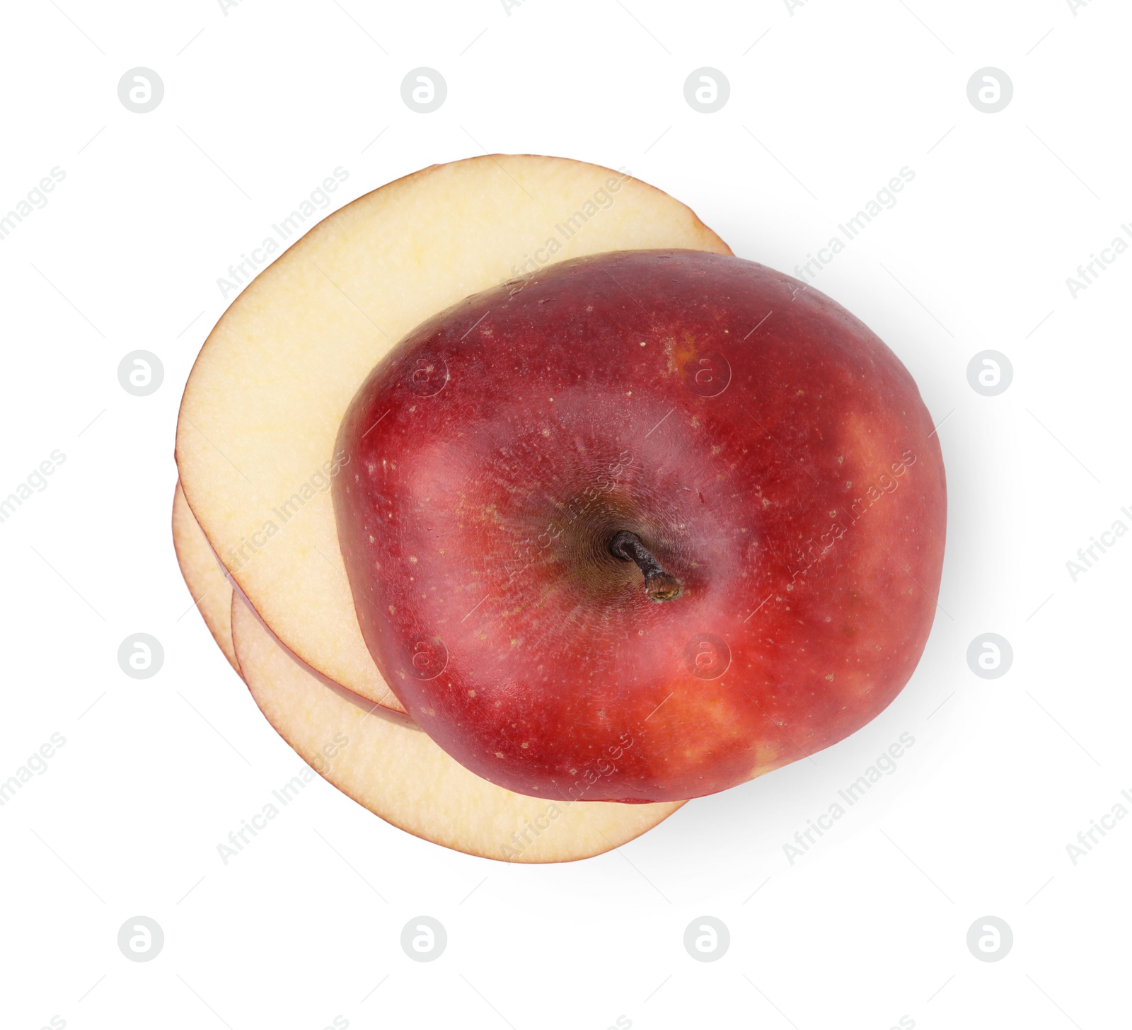 Photo of Sliced ripe red apple isolated on white, top view