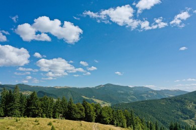 Beautiful mountain landscape with green trees under blue sky on sunny day. Drone photography