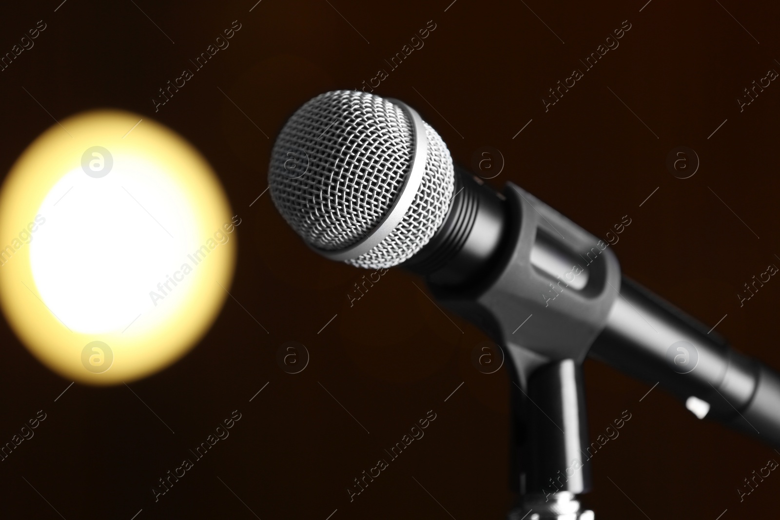 Photo of Microphone against festive lights, space for text