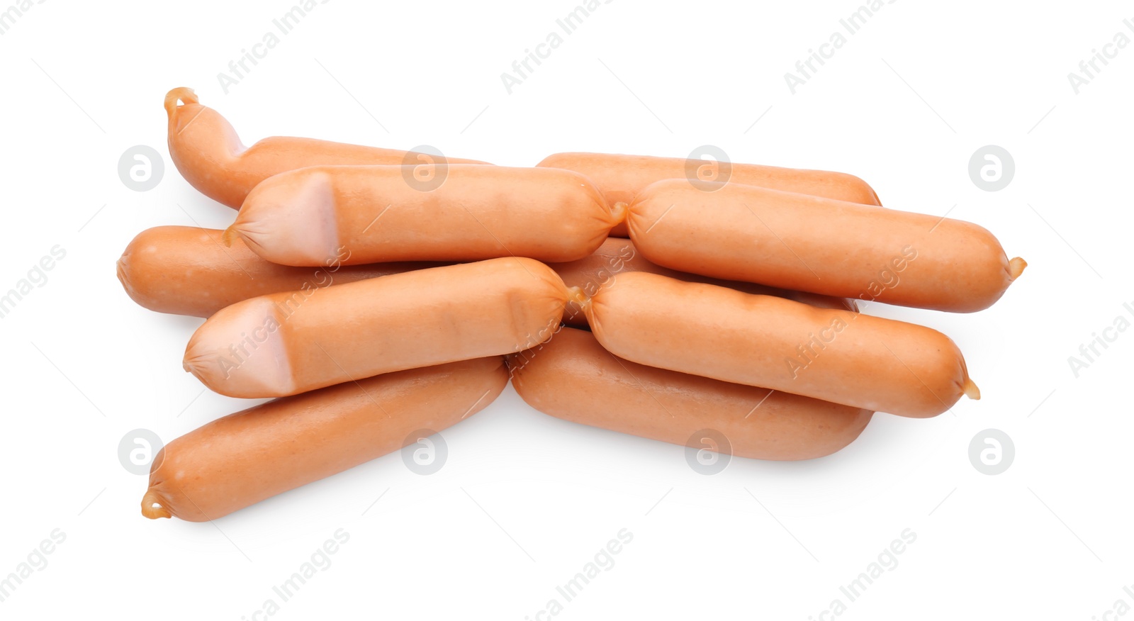 Photo of Many fresh raw sausages isolated on white, top view. Meat product