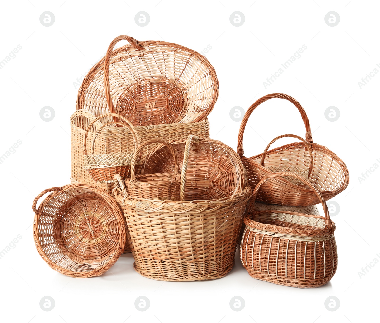 Photo of Many different wicker baskets isolated on white