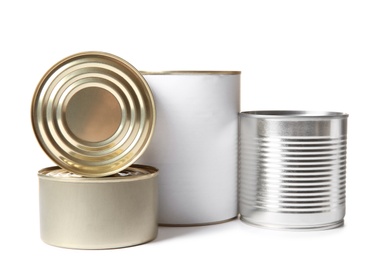 Closed tin cans isolated on white, mockup for design