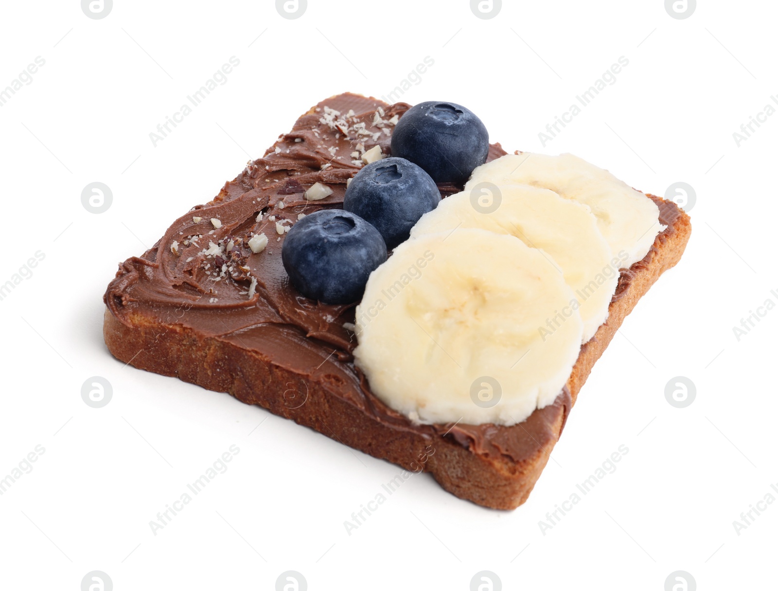 Photo of Toast with tasty nut butter, blueberries, banana and nuts isolated on white