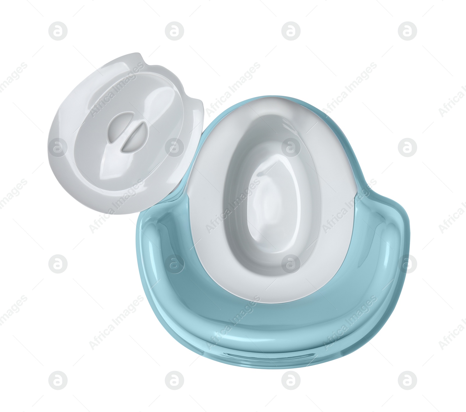 Photo of Light blue baby potty isolated on white, top view. Toilet training