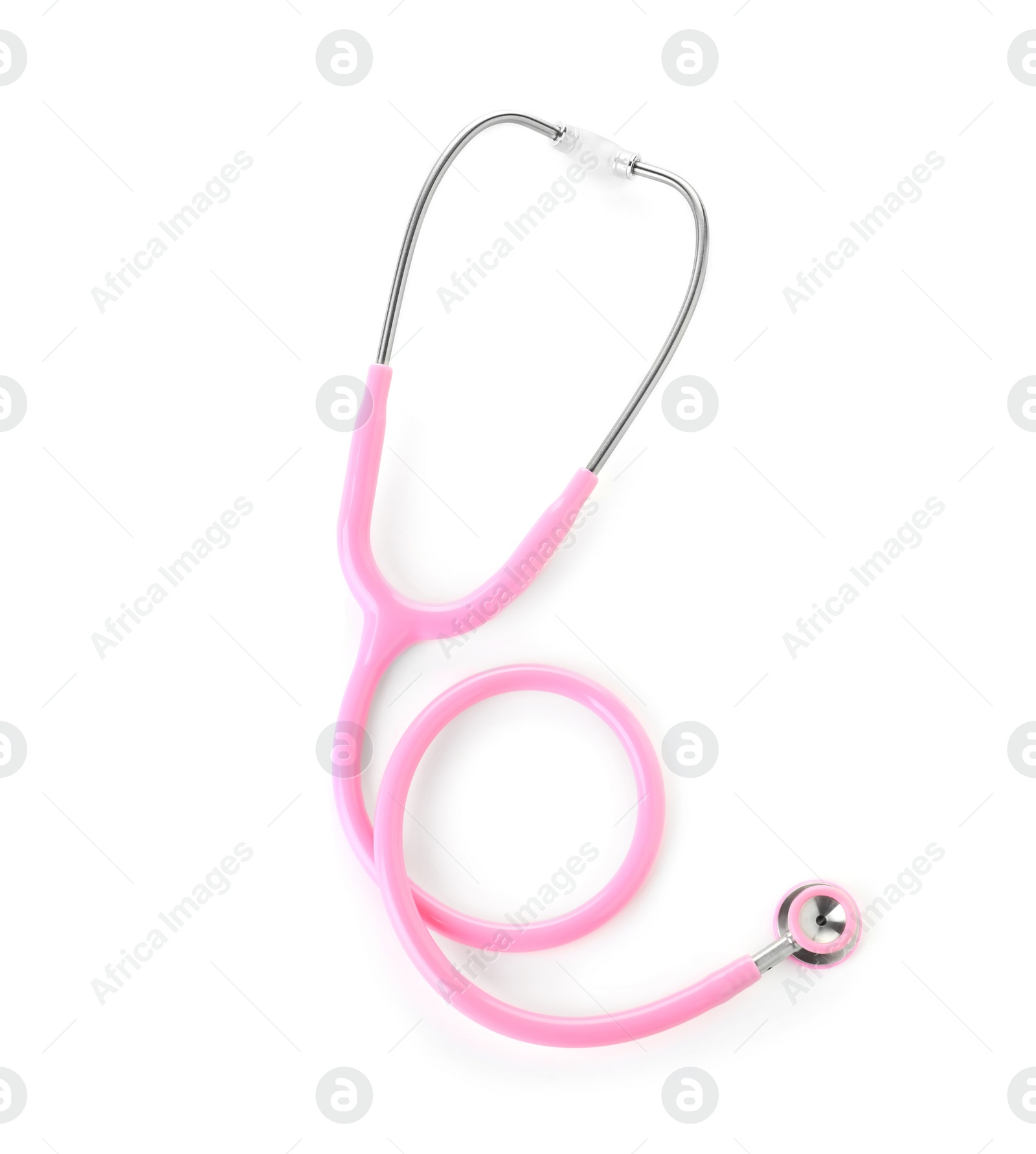 Photo of Stethoscope on white background, top view. Medical device