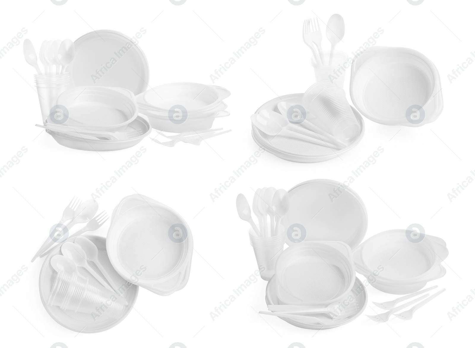 Image of Set with disposable tableware on white background