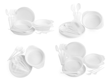 Set with disposable tableware on white background