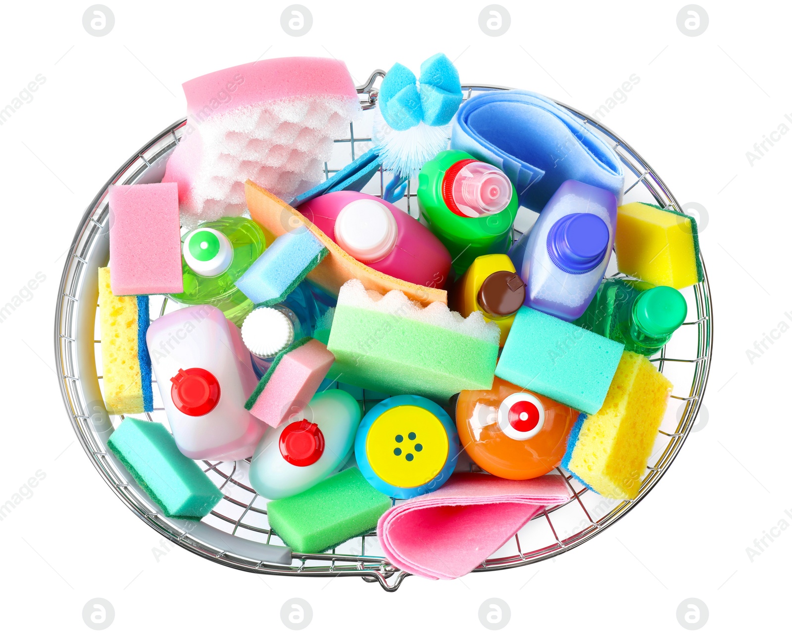 Photo of Shopping basket with different detergents on white background, top view