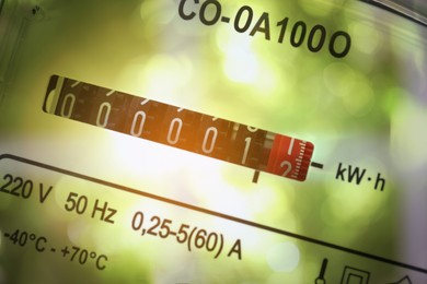 Double exposure of electricity meter and blurred green background, closeup view