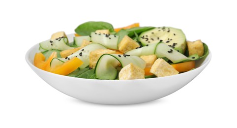 Photo of Bowl of tasty salad with tofu and vegetables isolated on white