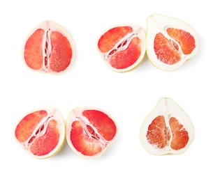 Collage with fresh pomelo fruits on white background, top view