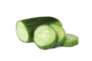 Photo of Cut fresh green cucumber isolated on white