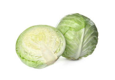 Photo of Whole and sliced cabbages on white background. Healthy food